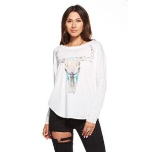 NWT CHASER New Mexico Skull Boho Burnout Slouchy Long Sleeve White Shirt Size M